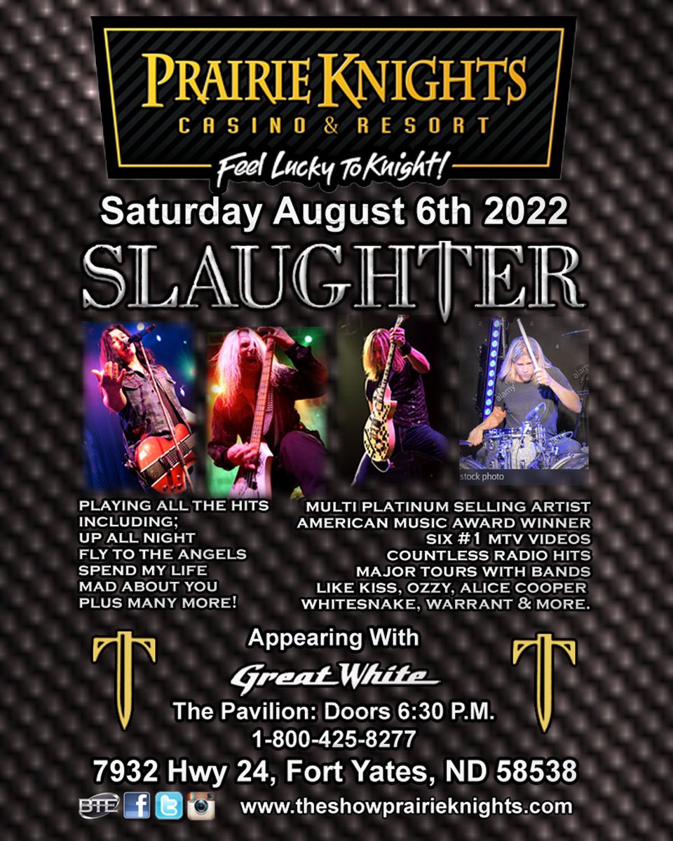 Mark Slaughter (@markslaughter33) on Twitter photo Concert Reminder
When: This Saturday August 6th 2022
Where: Fort Yates, ND
<a href="/prairieknights/">Prairie Knights</a>
#MarkSlaughter #Slaughter #UpAllNight #FlyToTheAngels #MadAboutYou #ErnieBallStrings #PickGuyGuitarPicks #CarlinoGuitars #FuTone #MorleyPedals #PariahPickups
#KemperAmps
#GodinGuitars Concert Reminder
When: This Saturday August 6th 2022
Where: Fort Yates, ND
<a href="/prairieknights/">Prairie Knights</a>
#MarkSlaughter #Slaughter #UpAllNight #FlyToTheAngels #MadAboutYou #ErnieBallStrings #PickGuyGuitarPicks #CarlinoGuitars #FuTone #MorleyPedals #PariahPickups
#KemperAmps
#GodinGuitars