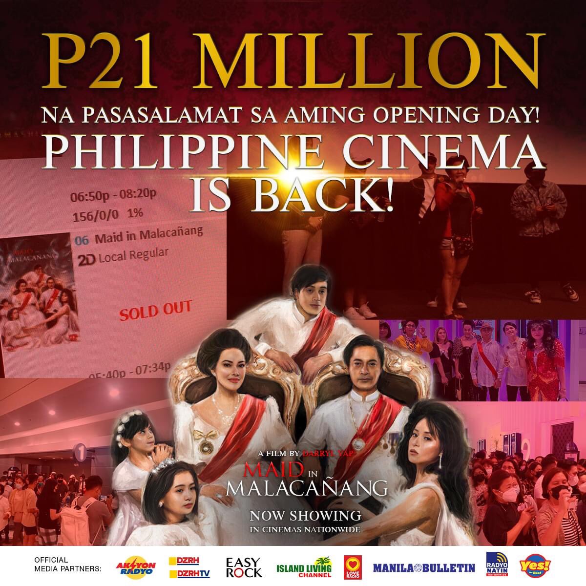amdeleon24's tweet photo. 21M sa unang first day. 😊 Panalong winner!👏🏻👏🏻👏🏻😊 Congrats to Direk Darryl Yap, VinCentiments, VIVA Films and Sen. Imee Marcos...👏🏻👏🏻👏🏻🙏🏻🙂
#mimday2showing #MaidInMalacañang https://t.co/ABaYuk1Aqp