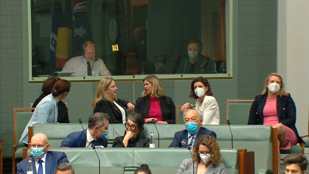 naveenjrazik's tweet photo. Bridget Archer is the sole Coalition MP to cross the floor on the climate bill, chatting with members of the independent crossbench during the vote. #auspol @SBSNews https://t.co/lxs92lrugS