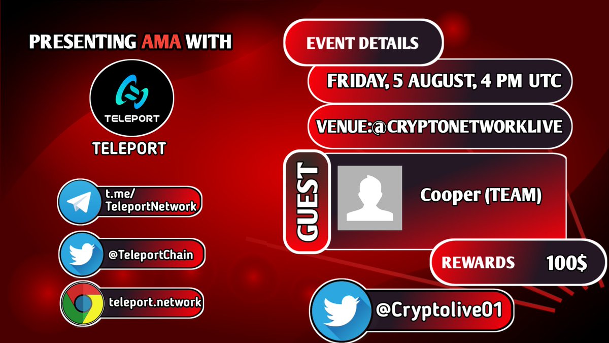 🎙️We're pleased to announce our next #AMA with Teleport network on 5th August at 4 PM UTC 💰Rewards Pool:100$ 🏠Venue: t.me/cryptonetworkl… 〽️Rules: 1⃣ Follow @cryptolive01 & @TeleportChain 2⃣ Like & RT 3⃣ Comment Questions & Tag 3 Friends (Max 3 questions)