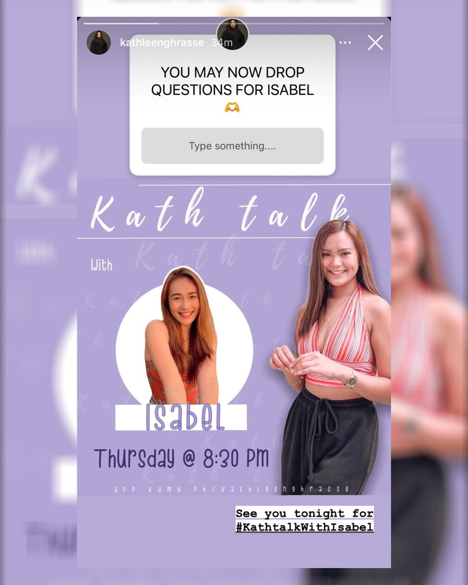 #KathTalkWithIsabel happening tonight at 8:30PM! 💖

You may drop your questions for our Bubbly Boss <a href="/isabellaohoo/">Isabel Laohoo</a> here: instagram.com/stories/kathle…

See you tonight on <a href="/Xoloveskath_/">Kathleen Ghrasse</a>’s Kumu account: app.kumu.ph/kathleenghrasse 🥰

Isabel Laohoo | #IsabelLaohoo