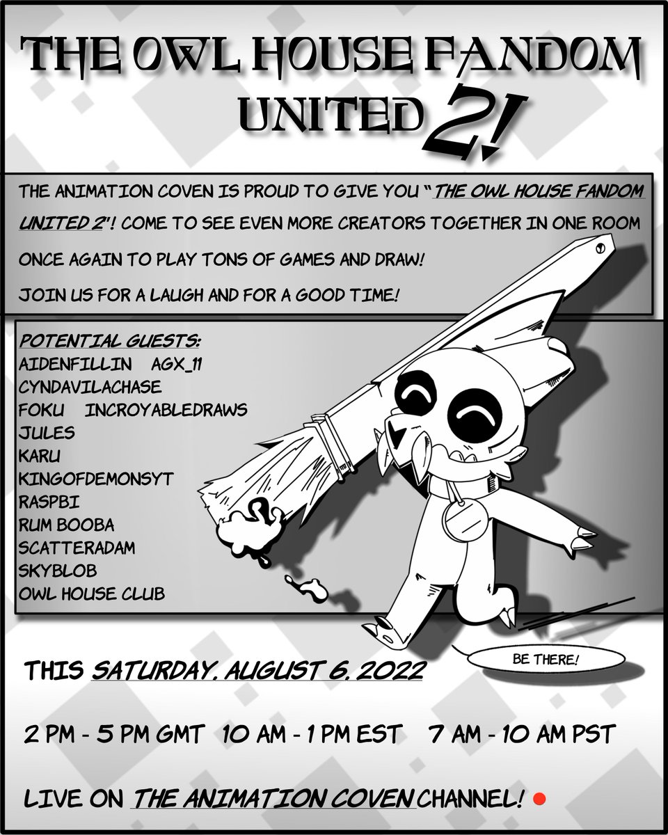 TACovenOfficial's tweet photo. The Animation Coven is proud to give you “The Owl House Fandom United 2”! You guys absolutely loved the first stream and we had viewers and other creators ask for a second stream! So here we are!!! 🎊 🦉🏠❤️
#TheOwlHouse #TOH #TheAnimationCoven https://t.co/t0l8R5e5jd