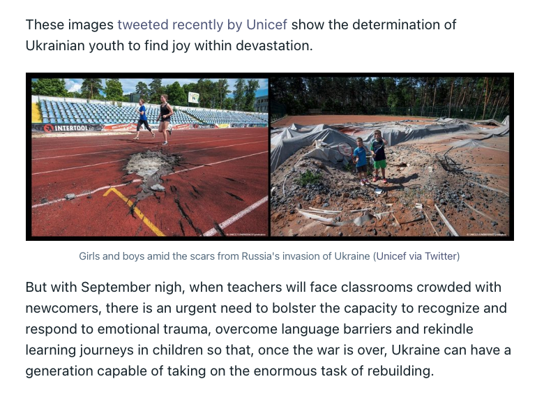 Revkin's tweet photo. This horrid mind control effort by Russian invaders in Ukraine is just one more reason for urgency in helping boost the effectiveness of thousands of teachers in western Ukraine, Poland & elsewhere facing dislocated traumatized kids 1 September: https://t.co/NKvR46nY85 https://t.co/zCy903o48B