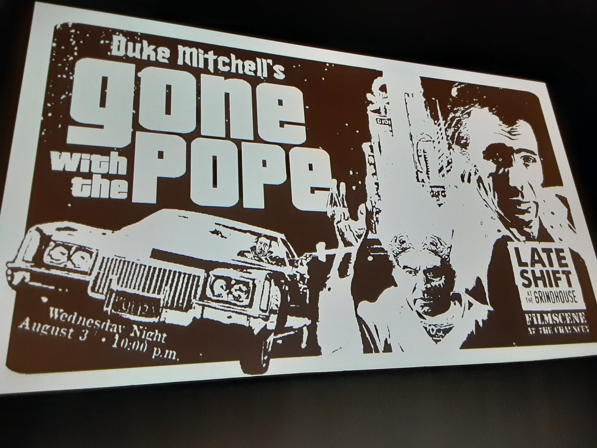 traumahound03's tweet photo. Late Shift at the Grindhouse, Reopening anniversary edition, courtesy of the fine folks at @GrindhouseFilm! #gonewiththepope #dukemitchell #filmscene #lateshiftatthegrindhouse https://t.co/EGkIAlg8jh