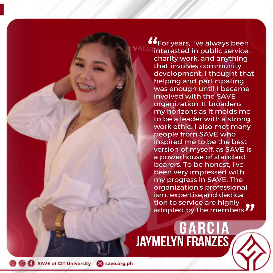 saveparty_cit's tweet photo. ✨𝙎𝘼𝙑𝙀 𝙤𝙛 𝘾𝙄𝙏- 𝙐𝙣𝙞𝙫𝙚𝙧𝙨𝙞𝙩𝙮✨ 

With their permission, let us hear the statements of our very own SAVE members. Special thanks to FRANZES GARCIA for sharing their testimony about the organization.

#SAVE2223
#TogetherWeRISEUP
#RISEUPandBeLimitless
#AllForService https://t.co/wKUmArwvQh