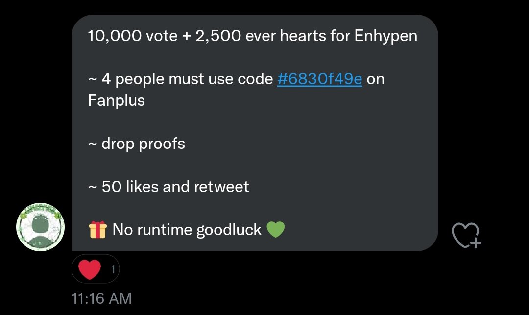 lovessjw's tweet photo. 10,000 vote + 2,500 ever hearts for Enhypen
~ 4 people must use code #6830f49e on Fanplus
~ drop proofs
~ 50 likes and retweet
๐ No runtime goodluck ๐
#ENFuelUp #ENVOOSTERS #ENHYPEN
~letโs finish this deal quickly ! https://t.co/lbPTyaI3zU