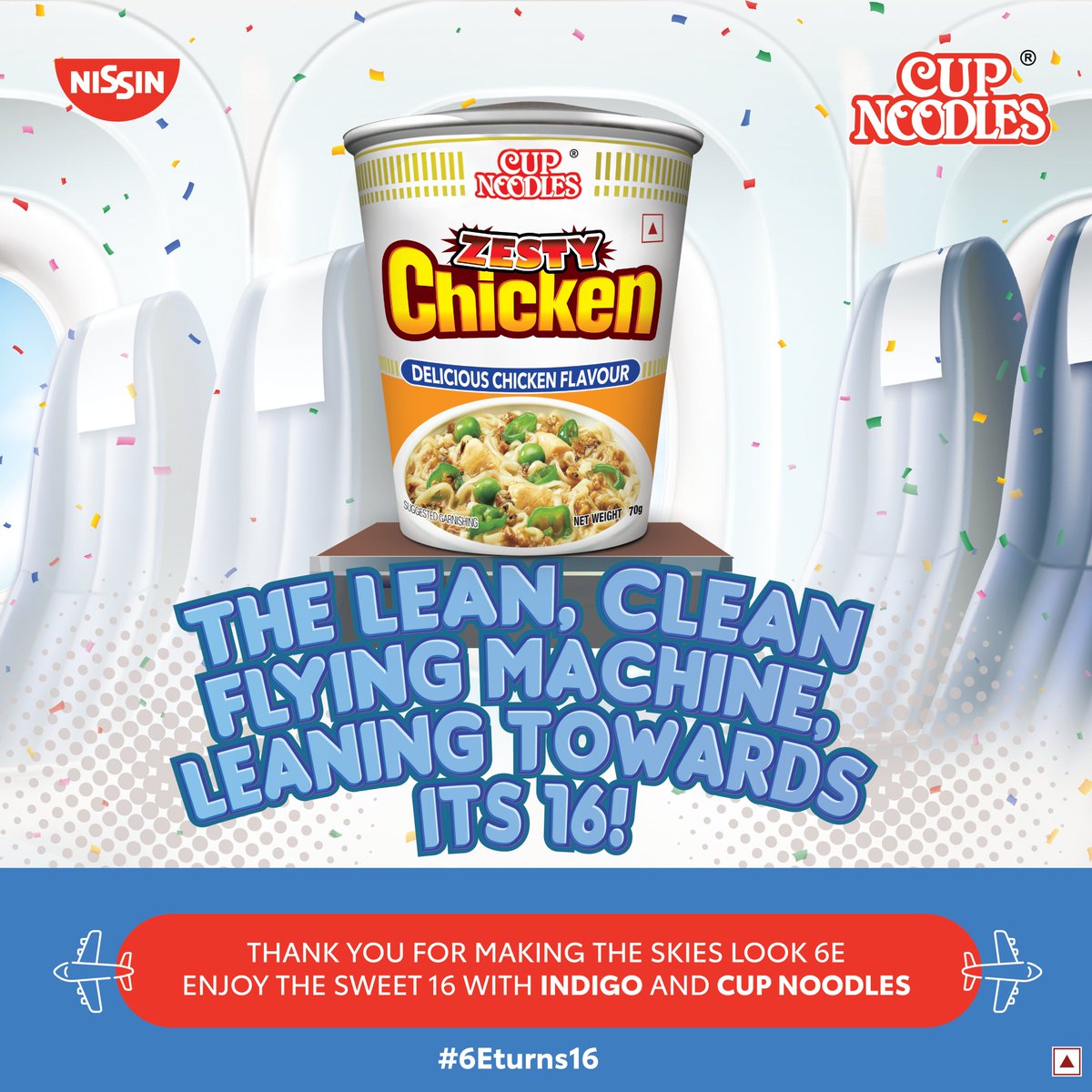 16 years of one flying colour! Thank you for making our skies 6E. Whenever, Wherever, you IndiGo. Cup Noodles is by your side. @IndiGo6E #6ETurns16 #CupNoodles #CupNoodlesIndia #Nissin #NissinIndia #IndiGo #LetsIndiGo #Birthday #Aviation #LeanCleanFlyingMachine