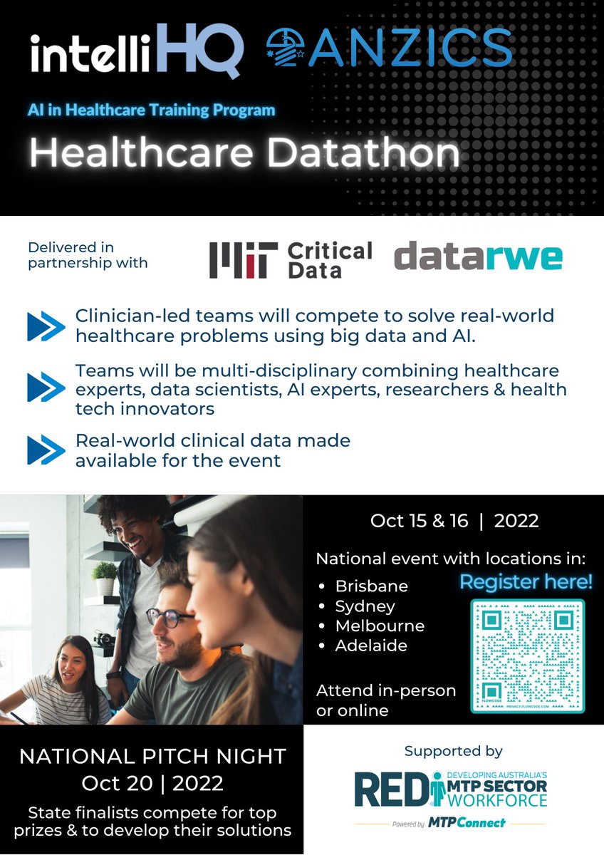 intelliHQ's tweet image. 💡Have a unique #healthcare challenge you'd like solved? Apply now to the @intelliHQ &amp;amp; @anzics AI in Healthcare- Healthcare Datathon, supported by @MTPConnect_AUS  and delivered in partnership with MIT Critical Care and @datarwe on Oct 15-16th 2022.

👉bit.ly/intellihqtp