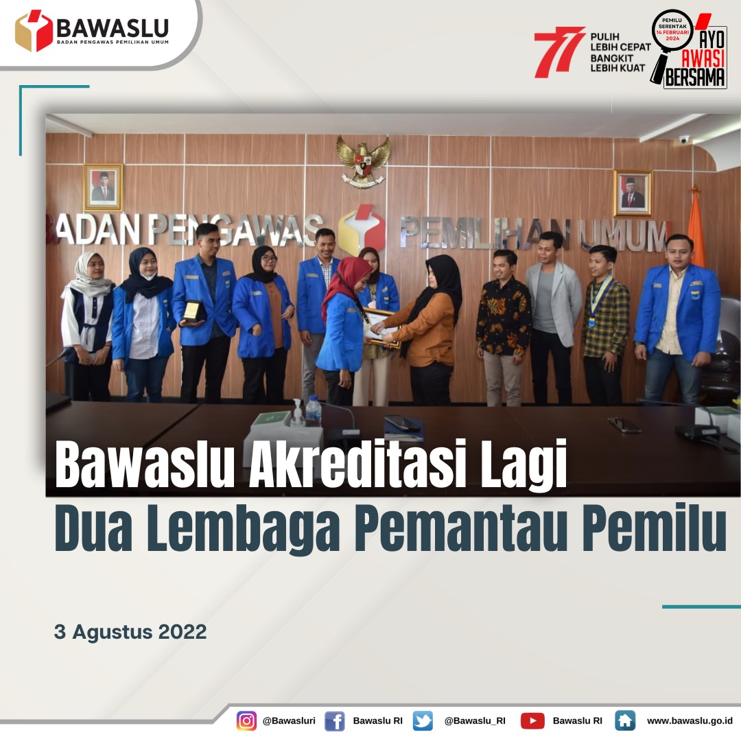 bawaslu_RI's tweet photo. Bawaslu kembali memberikan akreditasi kepada Lembaga Pemantau Pemilu pada Rabu (3/8/2022). Pada kesempatan ini, Anggota Bawaslu Lolly Suhenty memberikan akreditasi kepada Pergerakan Mahasiswa Islam Indonesia (PMII) dan Pemuda Muslimin Indonesia. 
https://t.co/rGZeaf5d0q https://t.co/ESfUBcAtq1