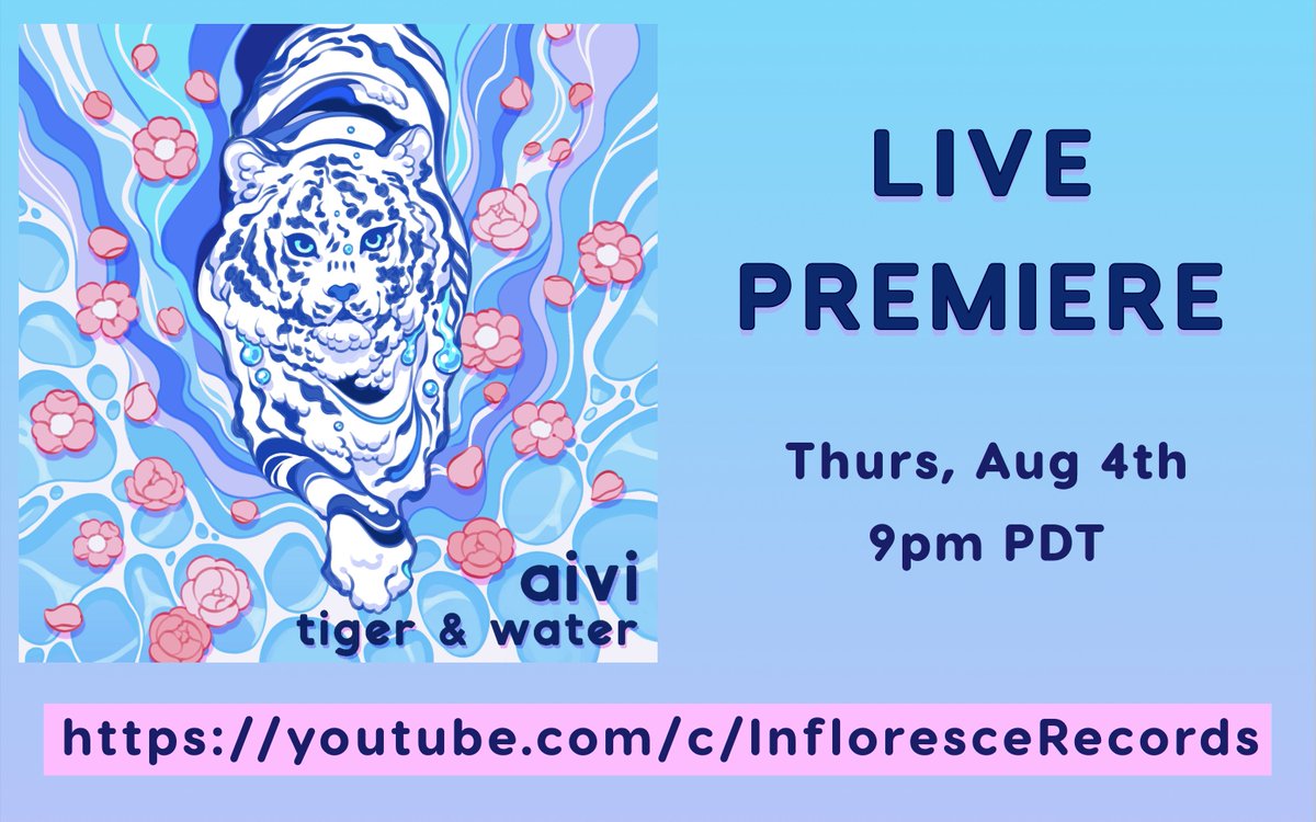 inflorescemusic's tweet photo. Tomorrow night! 🌊🌸

Come hang out with @aiviwave + listen to their new album, “tiger &amp; water”!

feat. @AdrianShegstad @mklachu @at_tracks @quarkimo 💙

(Art: @meyoco_) https://t.co/Z7BAlorlY9