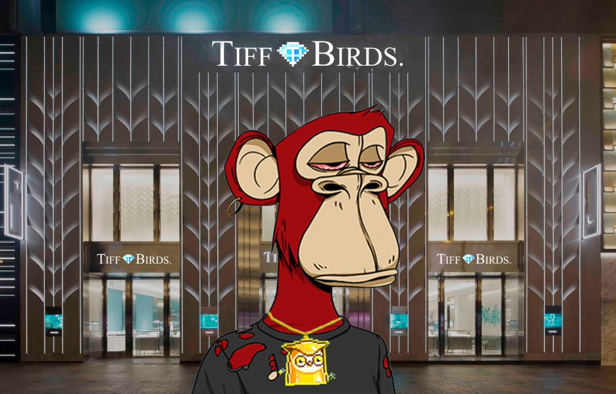TiffBirds's tweet photo. Serves @boredapeyc right to be bling'd out in TiffBirds.. for a Free Mint that Gold Chain goes BRAZY 😜

Now who might be the next one in line to shop at our Flagship store? 

#NFTee #FreeMint #BAYC https://t.co/1wEYBQpOCw