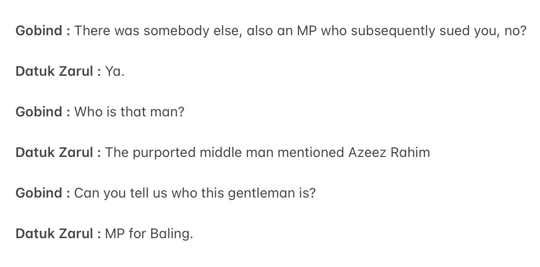 #JustIn : #TrialofGuanEng 

Another big name mentioned in court today. None other than Baling MP Azeez Rahim. 

Datuk Zarul mentions to the court that Azeez Rahim was also represented by another ‘middle man’.