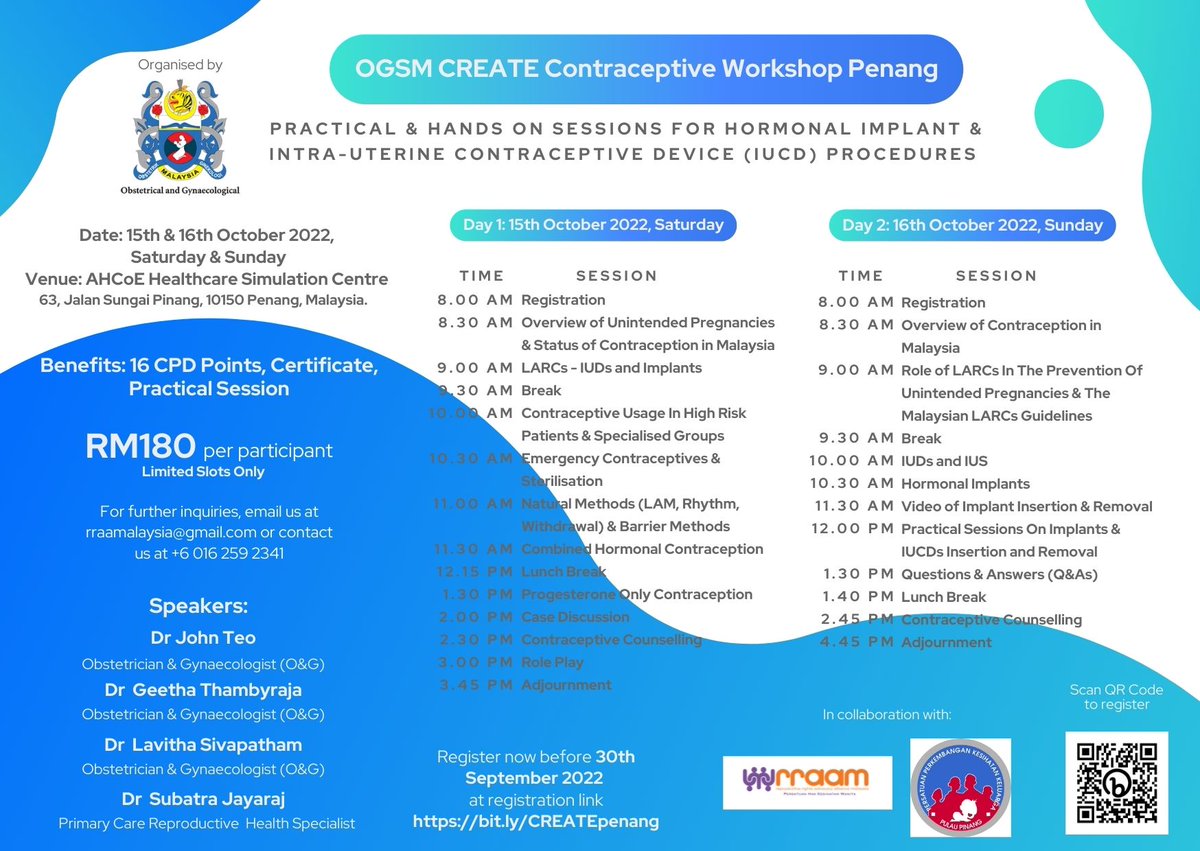 RRAAMalaysia's tweet photo. Register for OGSM CREATE Workshop Penang: Practical & Hands On Sessions For Hormonal Implant & Intra-Uterine Contraceptive Device (IUCD) Procedures.
This time around, join us in Penang!
#OGSM #RRAAM #FHDA https://t.co/FejclJPyha