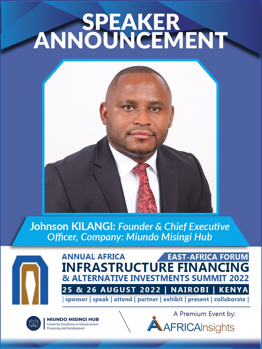 I will be speaking at the Annual Africa Infrastructure Financing &amp; Alternative Investments Summit on role of <a href="/MiundomsingiHub/">Miundo Misingi Hub</a> in championing the origination of innovative infrastructure project proposals in line with strategic goals of govts in Africa.
<a href="/AfricaInsights2/">Africa Insights</a>