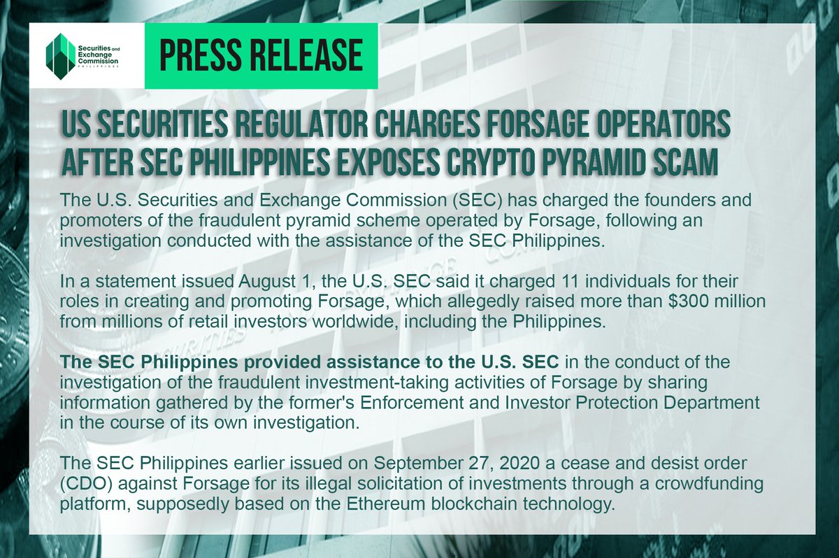 SEC_Philippines's tweet photo. The U.S. Securities and Exchange Commission has charged founders and promoters of crypto scam Forsage, with the SEC Philippines providing assistance during its investigation.
Read the full story here: https://t.co/3xEaer9Toz
#CheckwithSEC https://t.co/tUXGt5xSIo