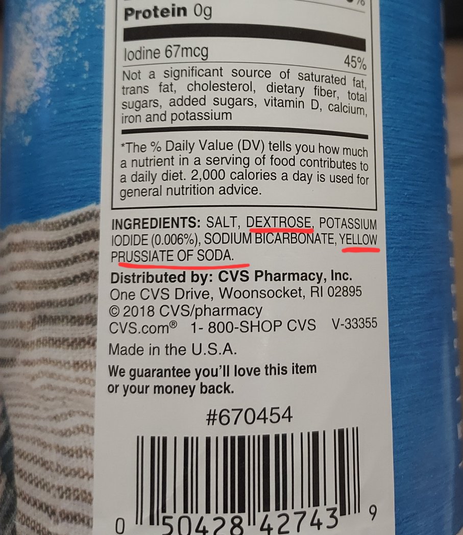 kellygirlelf's tweet photo. #lables #Ingredients When did they start putting dextrose (sugar) in SALT?! Check out yellow prussiate of soda (cyanide salts?) Produces cyanide gas when an acid (stomach acid?) is added ... WTH ... read every lable every time. 😡 https://t.co/z5L63HDu9F