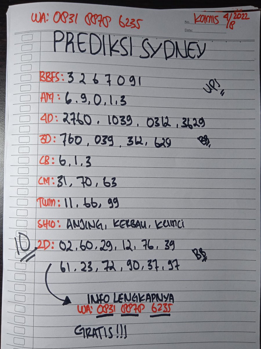 PrimbonTogel's tweet photo. PREDIKSI ANGKA JITU DAN TERPERCAYA PASARAN SYDNEY II KAMIS 4 AGUSTUS 2022 
GAS  LANGSUNG BOSS KUU

#angkajitu #angkatogel #togelonline #togelsydney #primbontogel #togelhk #togelindonesia #prediksiangka  #togelcambodia https://t.co/3Qkeoz5wH5
