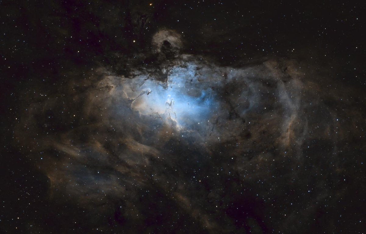 SLFJTweets's tweet photo. Eagle Nebula M16 15 hours, 600s subs, SHO. Esprit100 and ZWO ASI1600mm-c. Pillars of creation cropped below. https://t.co/7OzTBGGzij https://t.co/FPkUF1rWUv