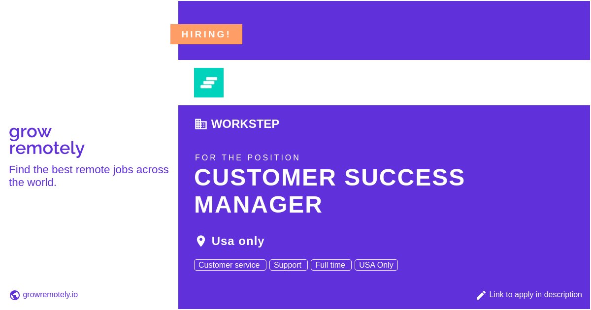 growremotelyio's tweet image. Check out this job at WorkStep for the position Customer Success Manager.

 Apply link: growremotely.io/?id=62eb0e9f69…

#hiring #remotejobs #WorkStep #CustomerSupport