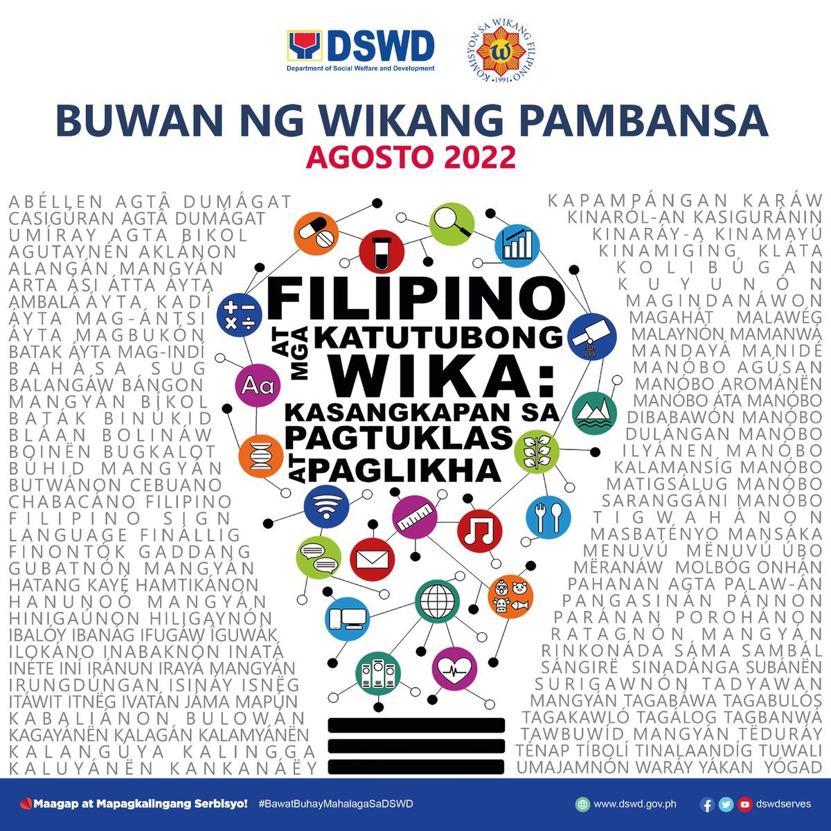dswdserves's tweet image. Ngayong Buwan ng Wika, kaisa ang Kagawaran ng Kagalingan at Pagpapaunlad Panlipunan sa pagtataguyod sa Wikang Filipino at mga katutubong wika bilang kasangkapan sa pagtuklas at paglikha. 🇵🇭

Maagap at Mapagkalingang Serbisyo! ❤️
#BawatBuhayMahalagaSaDSWD
#BuwanNgWika2022