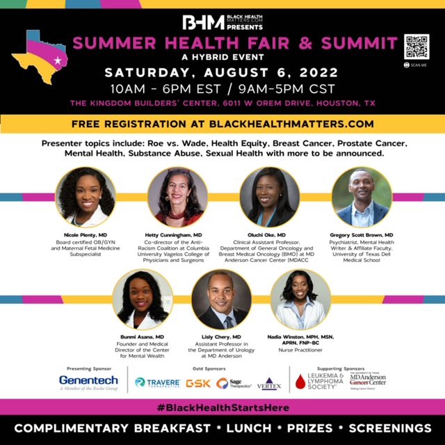 Please join us this Saturday Aug 6th for the Summer Health Fair &amp; Summit presented by <a href="/BHMinfo/">Black Health Matters</a> . Looking forward to helping bring further awareness to disparities in breast cancer diagnoses and treatment and ways to break down barriers causing these inequities.