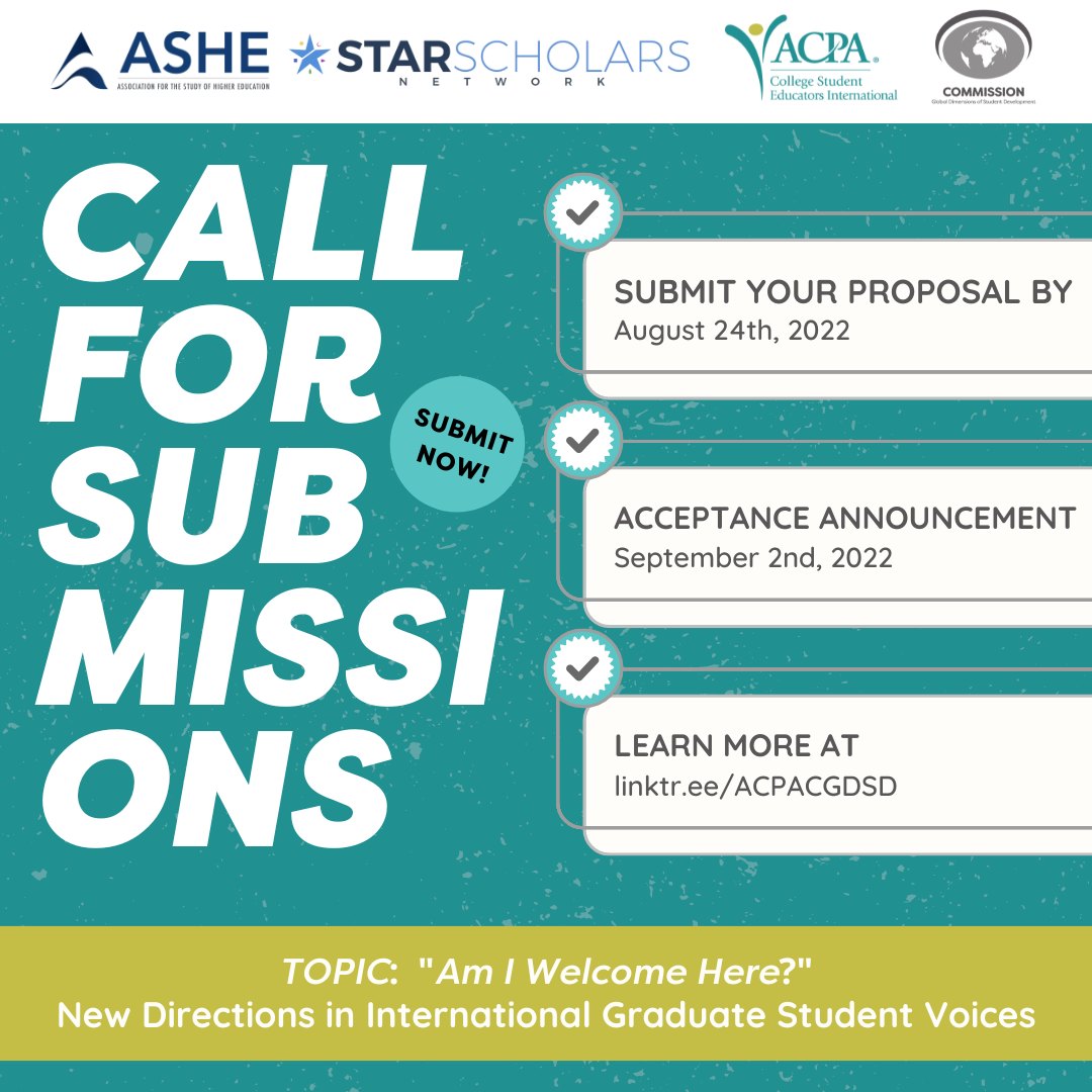 Call for proposals: "Am I Welcome Here? New Directions in International Graduate Student Voices" 

Bringing attention to the critical issues that international graduate students face while studying in the United States

Learn more and share your voice at: linktr.ee/ACPACGDSD