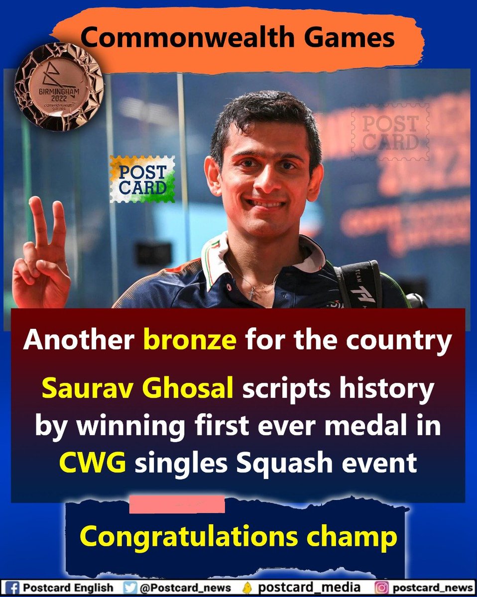 postcard_news's tweet photo. Commonwealth Games 

Another bronze for the country

Saurav Ghosal scripts history by winning first ever medal in CWG singles Squash event

#Congratulationschamp
#SauravGhosal https://t.co/2rpy1oiD0l