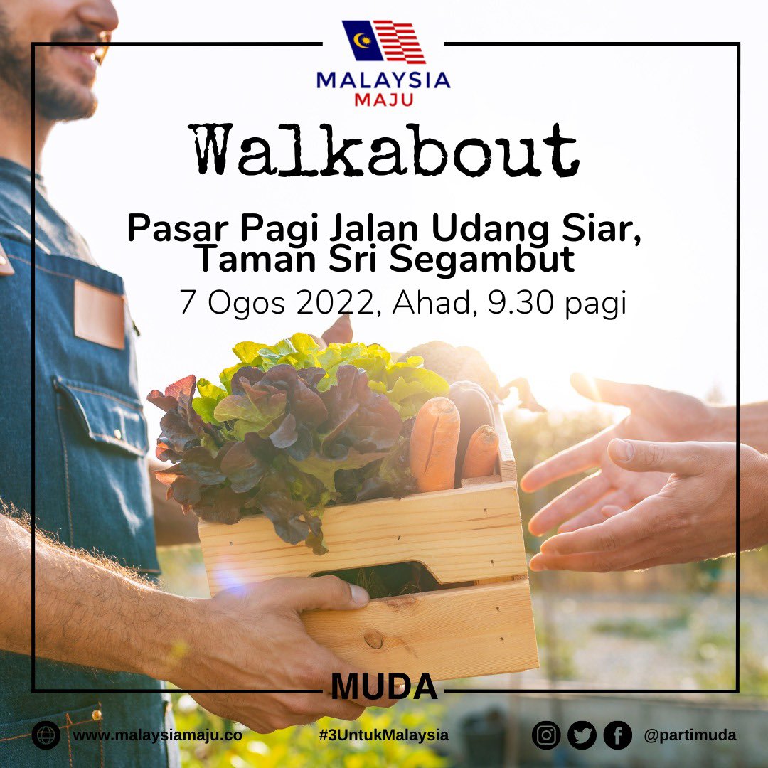 mudasegambut's tweet photo. MUDA SEGAMBUT Walkabout! 

MUDA Segambut will be at Pasar Pagi Jalan Udang Siar, Taman Sri Segambut this Sunday morning. 

We’d like to say hi and hear your thoughts on #3UntukMalaysia. See you there! https://t.co/VcZKqgsjom