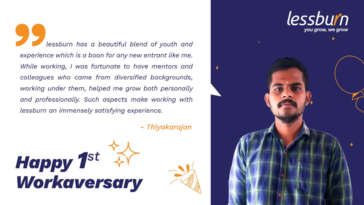 lessburn's tweet photo. π Congratulations Thiyakarajan Sivaraman on completing your first year with @lessburn! Looking forward to many more years of working together. Happy Workaversary ππ₯³ππ
#lessburn #workanniversary #workaversary https://t.co/VrPuZWcGEH
