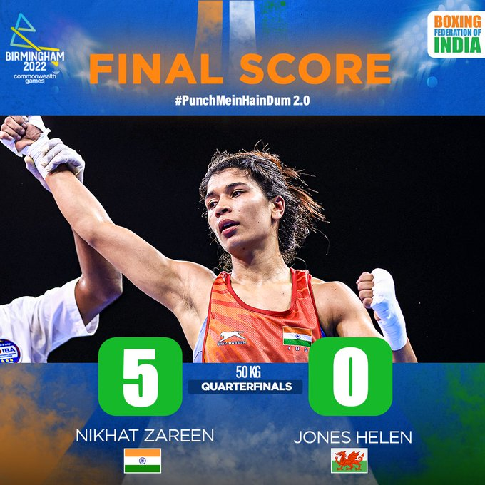Manoj_Kumar_SM's tweet photo. Confirmation of #India's another medal in #boxing .
#NikhatZareen defeated Helen Jones of Wales to enter  semi-finals of the women's 48-50kg category. 
 #CommonwealthGames2022 #Birmingham2022 #CWG2022India https://t.co/07IRg26jsE