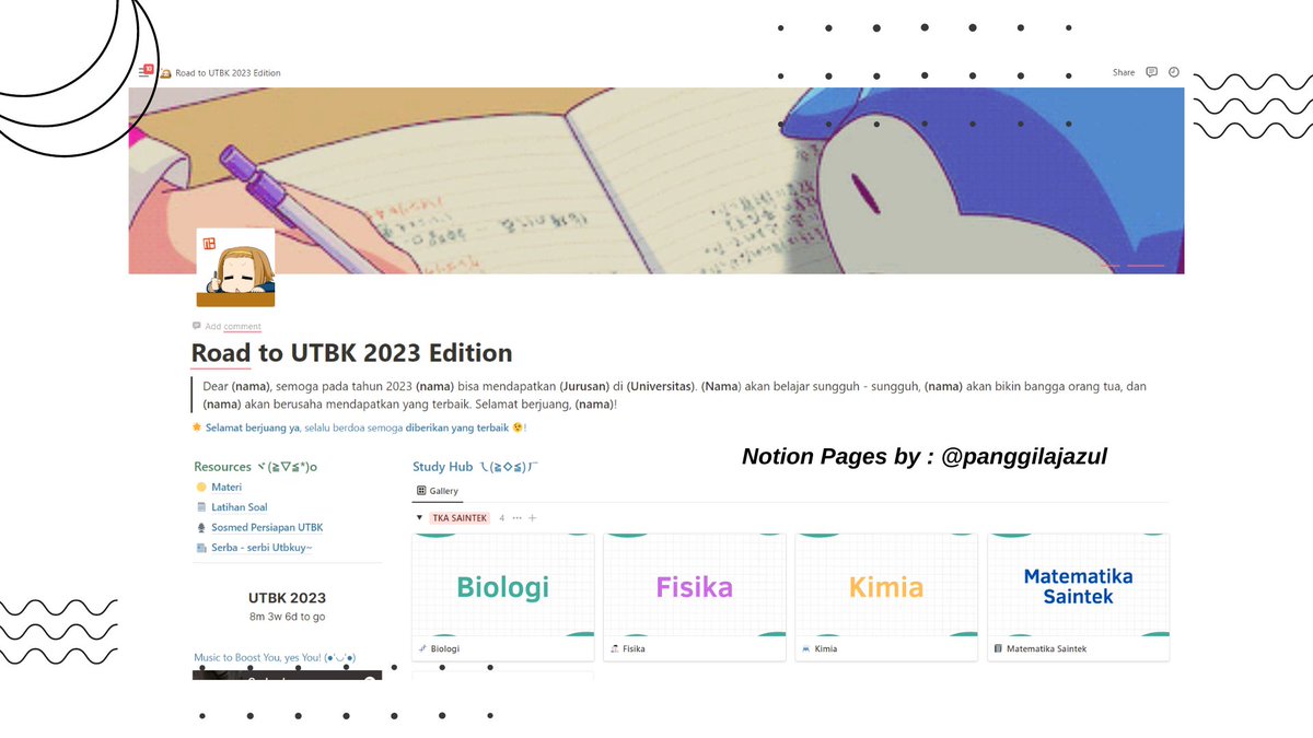 panggilajazul's tweet photo. [Notion: Road To UTBK 2023 Edition]

Halo semuanya 🤩 Berhubung banyak banget yang request notion untuk UTBK 2023, kali ini aku mau share ke temen - temen notion untuk persiapan UTBK 2023 ✨

Guide dan link download ada di bawah 🥰

*Pages tidak boleh diperjualbelikan* https://t.co/TTL0v78bj7