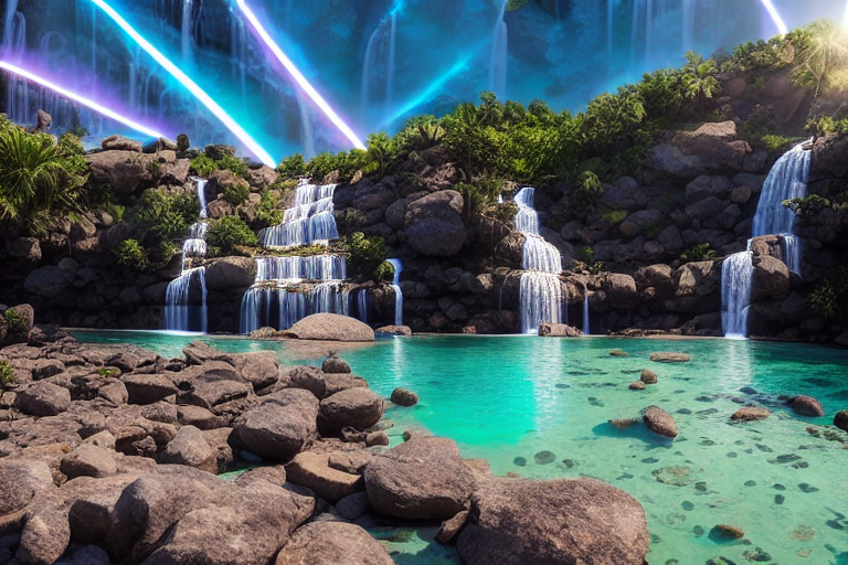 AlexanderRedde3's tweet photo. Lush utopian paradise w/ sky lasers &amp; stuff 🤔 -- #AIArt #MajestyDiffusion @Pixelmindai https://t.co/V2MlGGxWFa