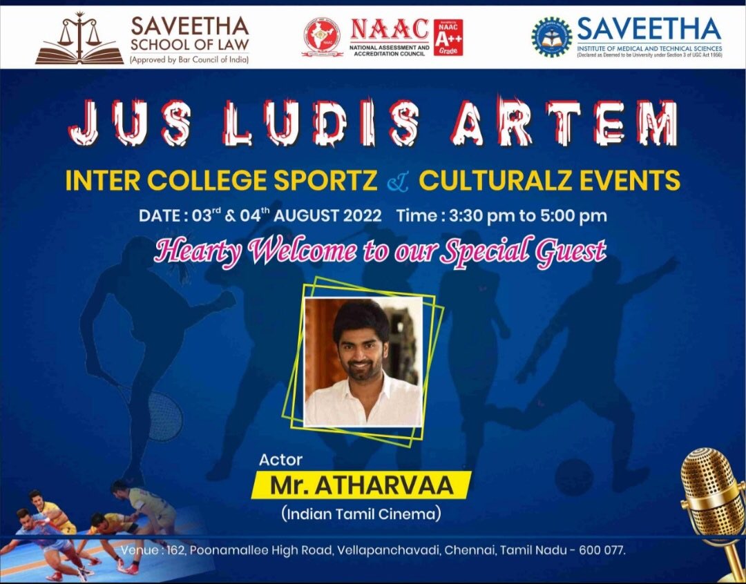 SaveethaLaw_SSL's tweet photo. # intercollegiate #culturals #sports #jusludisartem #saveethaschooloflaw #law #chennai #TamilNadu #bigthanks #Honble #lawminister #other #dignitaries #participants #volunteers #students #faculties https://t.co/7Jxzj81beC