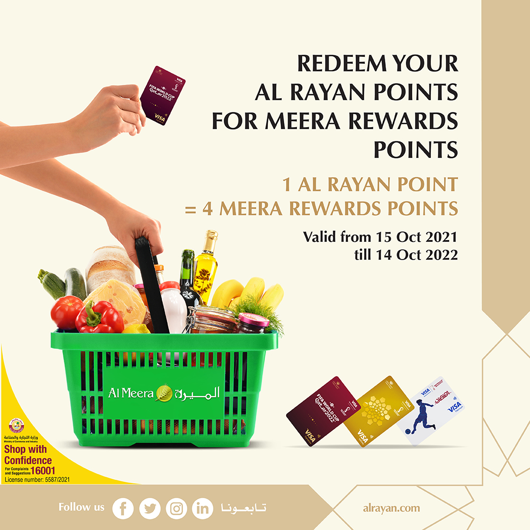 alrayanbankgrp's tweet photo. Exciting news for Masraf Al Rayan credit cardholders! You can redeem your Al Rayan points for Meera Rewards points. You can also redeem them for Qatar Airways Avios, Ooredoo Nojoom points and cashback
@AlMeeraQatar
#AlRayanPoints #MeeraRewards #Grocery #Alrayan #MAR https://t.co/ojCvx0jevQ