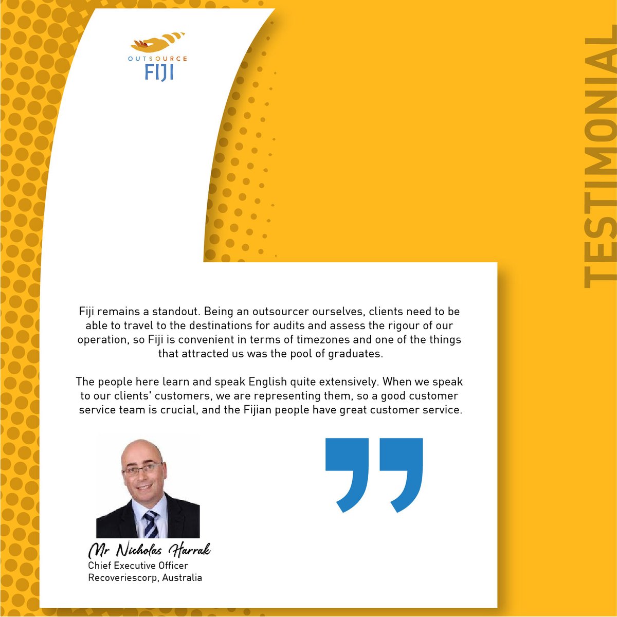 OutsourceFiji's tweet photo. 1/2 #TestimonialThursday

Apart from our highly-talented workforce and exceptional customer service skills, Fiji is the BEST premium outsourcing destination of choice🏝.

#OutsourceFiji #WhyFiji? https://t.co/6uALFbUopf