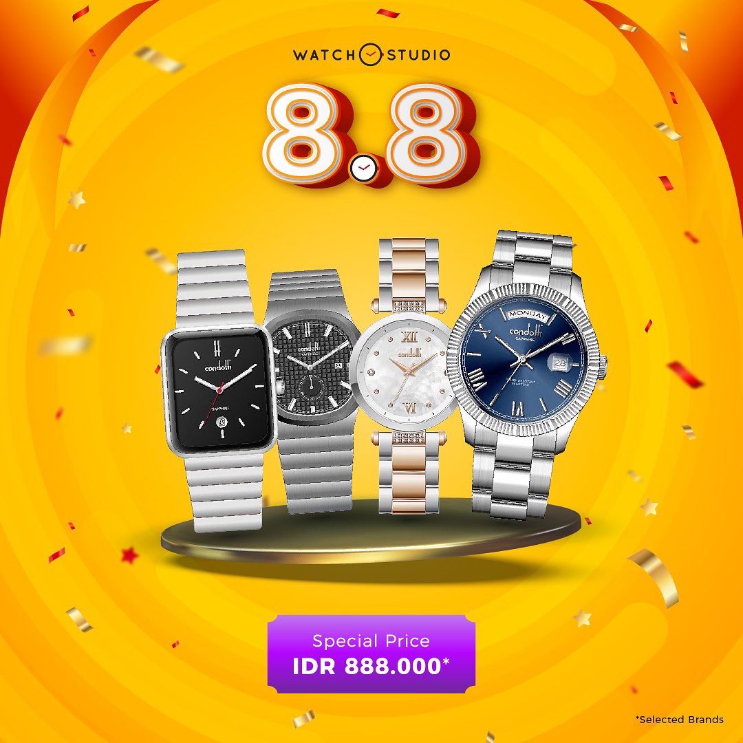senayancity's tweet photo. DOUBLE 8-8 SALE!
Enjoy selected best-selling collection only 888K! Special for Atome user get extra saving up to 77K & enjoy installment up to 6X! Visit @watchstudioid now at 3th Floor, Senayan City!
#SCFASHIONSTYLE #SENAYANCITY https://t.co/3cOD4xCr7A