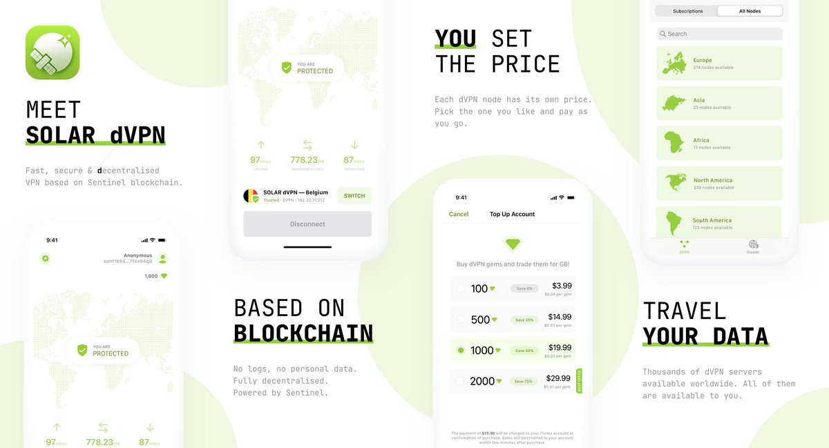 SentinelP2P's tweet image. Updates for SOLAR #dVPN have been submitted to the #AppStore and #GooglePlay. 

Features include: 

- Upto Four times faster than previous versions
- Options for Nodes filtering
- Search and referral program!