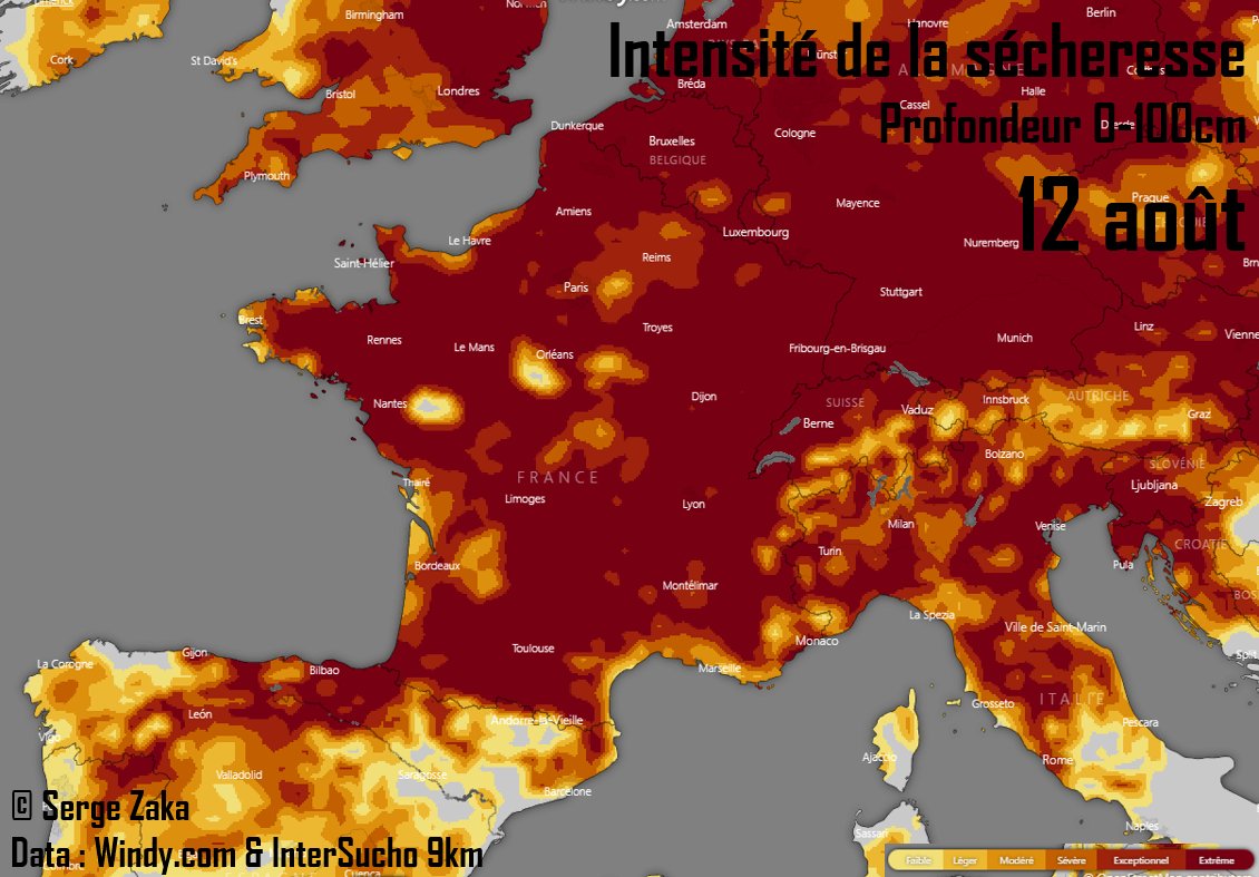 Les prévisions sont mauvaises.
▶️Pas de💧efficaces avant >15j #secheresse 
▶️Probable 4ème #canicule.

Le cycle de l'eau est déréglé. On s'achemine vers des mesures drastiques :
▶️Réduction du cheptel national
▶️Coupure d'eau
▶️Baisse drastique (>30%) des rendements (maïs etc.).