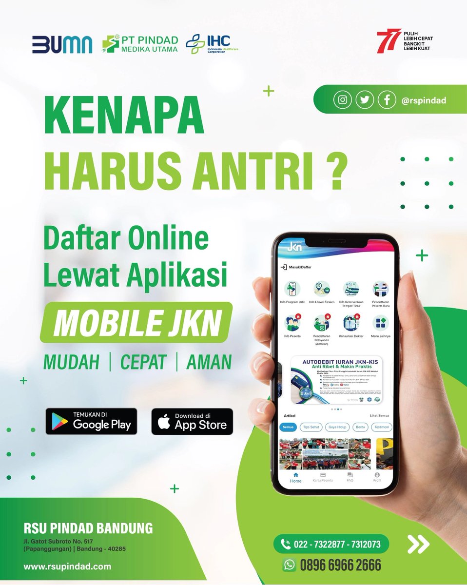 RSPindad's tweet photo. Ambil Antrian Pendaftaran Online via Mobile JKN, Praktis dan Mudah!

Saat ini, pasien BPJS bisa mengambil nomor antrian berobat dengan lebih mudah dan praktis. Melalui aplikasi Mobile JKN, Sahabat bisa mengambil antrian secara online dimanapun dan kapanpun. https://t.co/4DIvwg0EdD