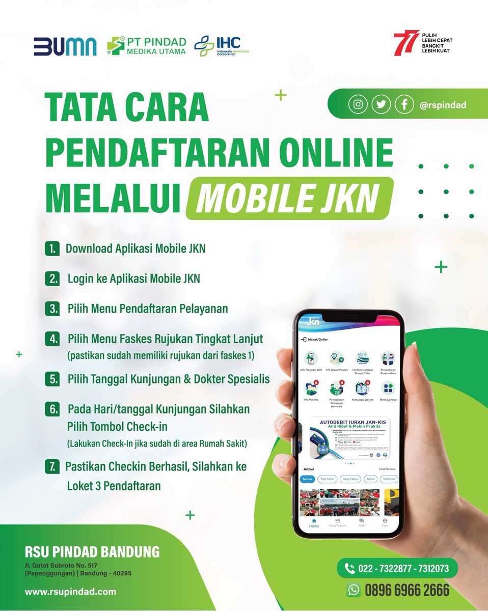 RSPindad's tweet photo. Ambil Antrian Pendaftaran Online via Mobile JKN, Praktis dan Mudah!

Saat ini, pasien BPJS bisa mengambil nomor antrian berobat dengan lebih mudah dan praktis. Melalui aplikasi Mobile JKN, Sahabat bisa mengambil antrian secara online dimanapun dan kapanpun. https://t.co/4DIvwg0EdD