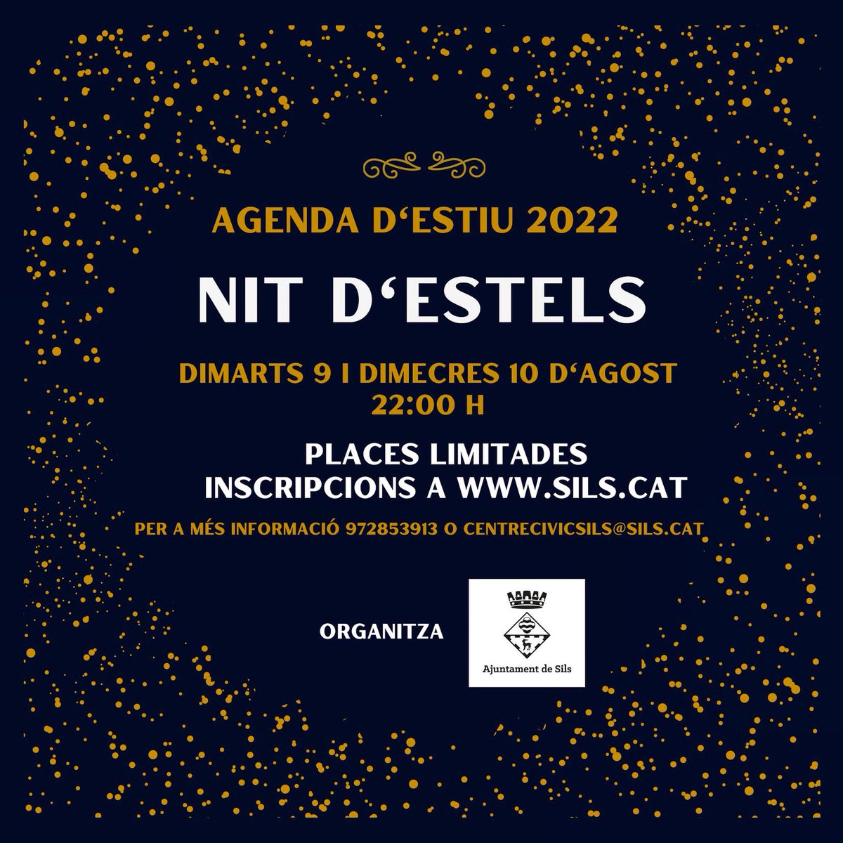 NIT D’ESTELS Vine s veure les llàgrimes de Sant Llorenç des dels paratges de l’Estany de Sils. Històries i telescopis als Estanys sota la llum dels estels. Dimarts 9 i Dimecres 10 a les 22h. Sortida:Plaça Sant Marc. Places limitades 👉🏼Inscripcions a sils.cat