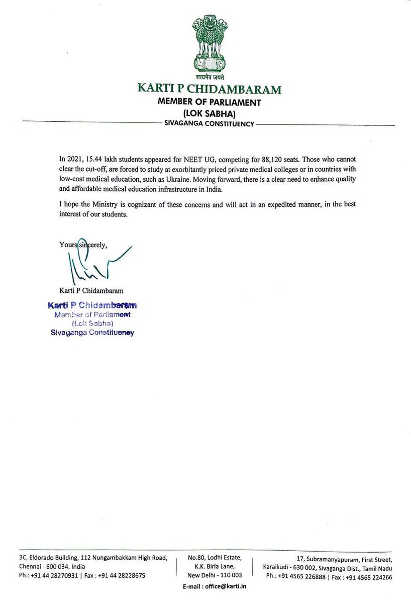 KartiPC's tweet photo. I’ve written to Hon’ble MoHFW @mansukhmandviya drawing attention to dire situation of Indian medical students returned from #Ukraine, many belonging to TN. Govt needs to act now – these bright students are the future warriors of India’s health ecosystem @official_aimsa @umspatn https://t.co/qNuxasshH4