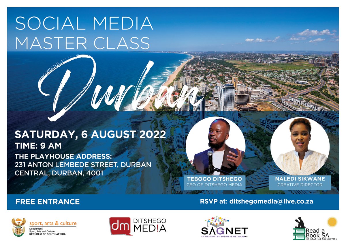 TebogoDitshego's tweet photo. News: Attention Durban.

On Saturday, 6 August at 9 am, Ditshego Media will host the #SocialMediaMasterClass at the Playhouse in Durban, KZN. Join us to learn how to use social media to advance your career &amp; business. 

To RSVP email ditshegomedia@live.co.za 

Entry is free https://t.co/4PJQrrfhm5