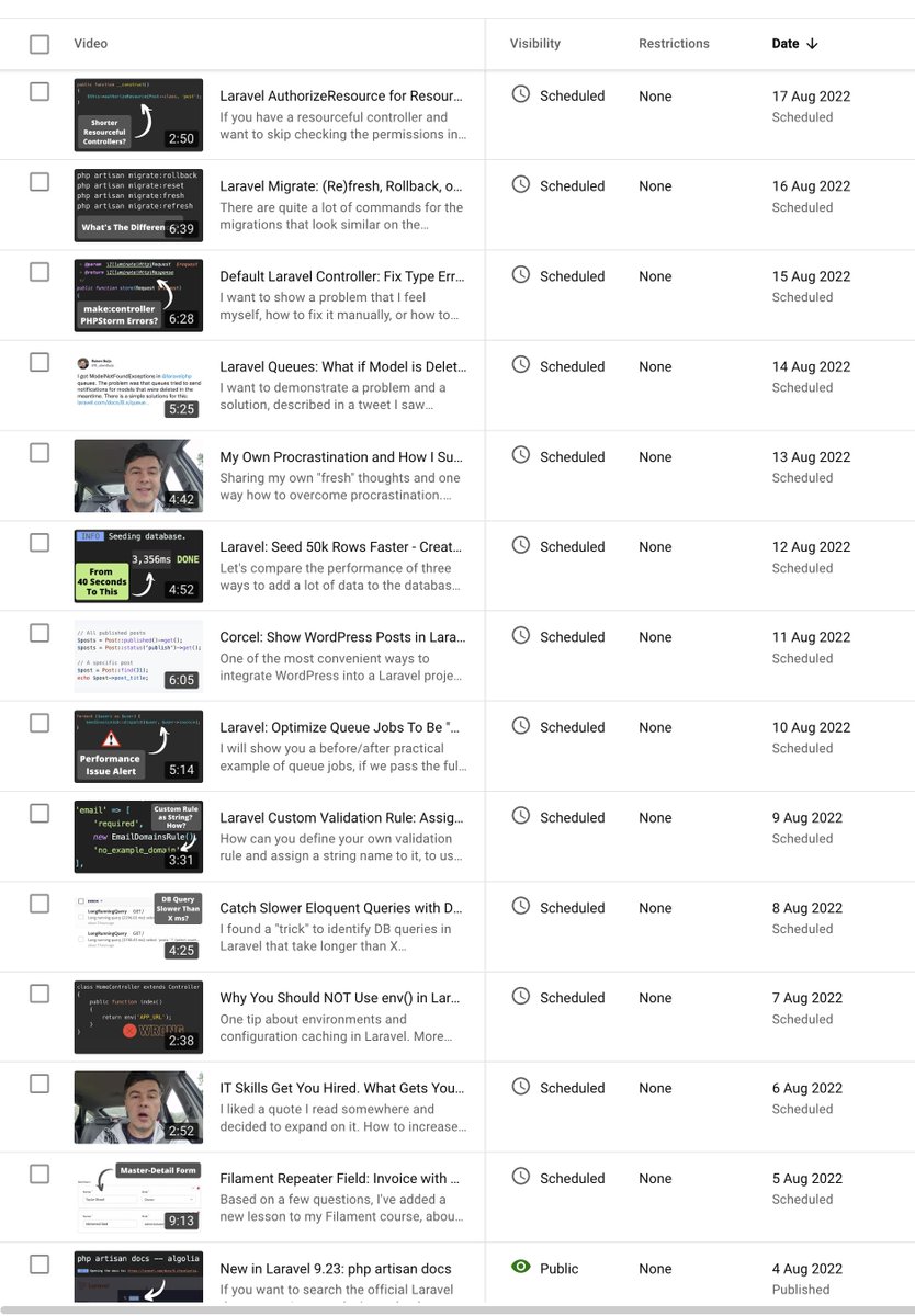PovilasKorop's tweet image. Such a good feeling to be back in the office this week, after all the workations.
Finally extended the queue of scheduled Youtube videos, currently 13 of them, here's the teaser of what's coming :)
And yeah, meanwhile working on #LaravelTesting course, as well.