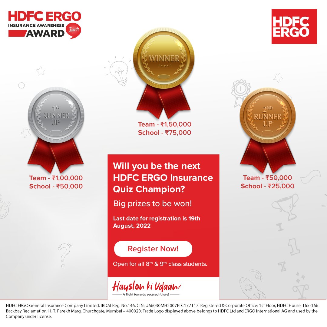 HDFCERGOGIC's tweet photo. It’s now or never. Get a chance to win exciting prizes and become India’s Insurance Champ by participating in the 7th edition of the HDFC ERGO Insurance Quiz.

Register your team here: https://t.co/XRjNsEefPF

#InsuranceQuiz #HDFCERGO #HauslonKiUdaan #TowardsSecuredFuture https://t.co/TUZaZkDeBS