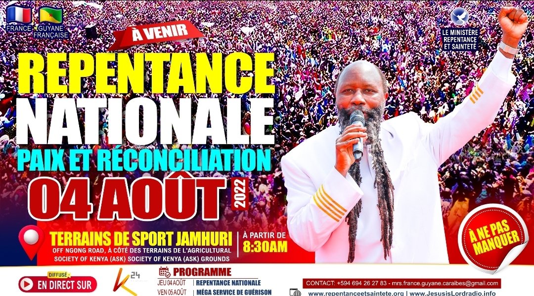 #RepentLikeNineveh
Quand le Plus Puissant Prophète du SEIGNEUR a dot sur le SEIGNEUR JÉSUS va protéger le Kenya, mon cœur  a été rempli de joie car le Kenya est la terre du Réveil. C'est dans ce pays que toutes les nationsnont appris ce qu'est la REPENTANCE.