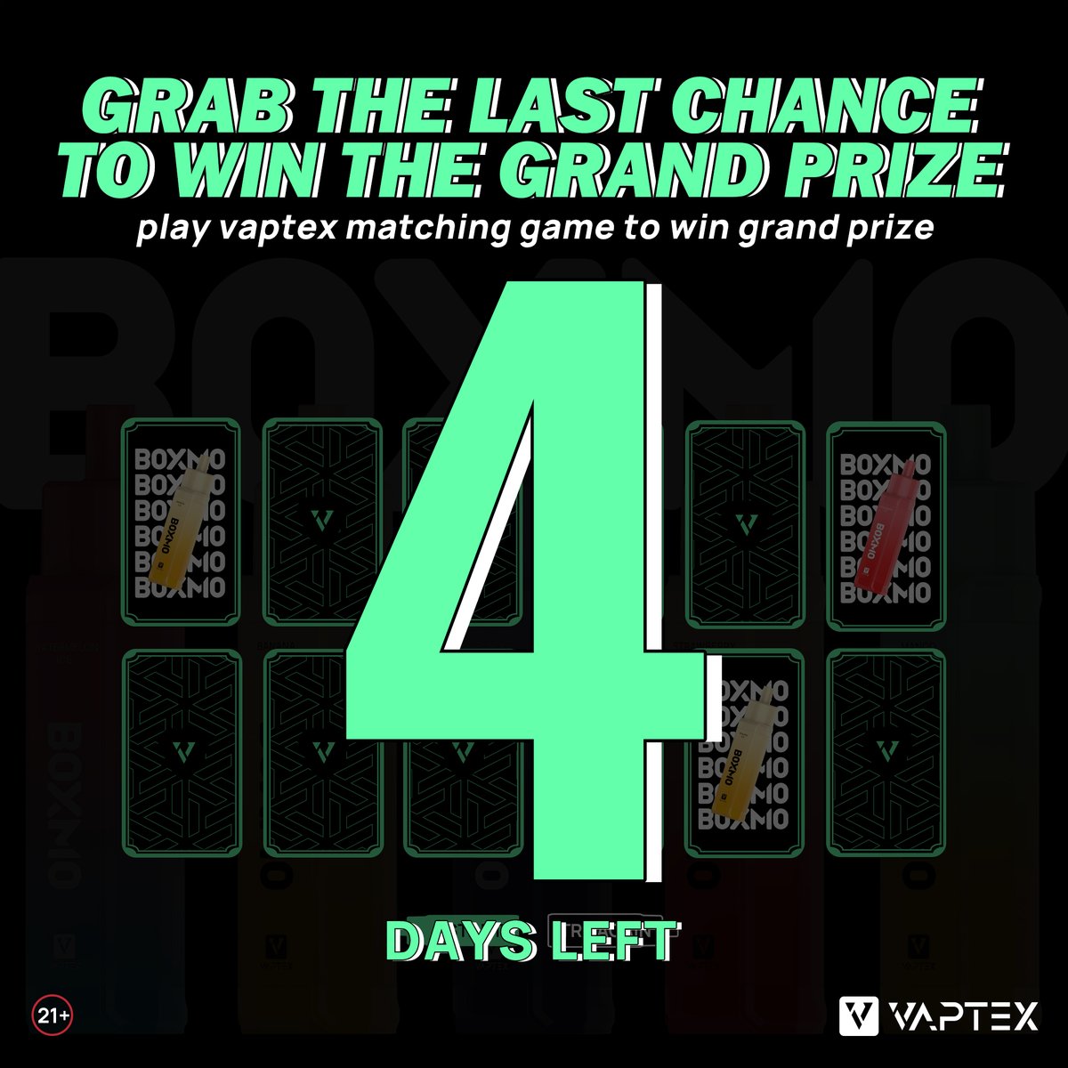VaptexOfficial's tweet photo. #Vaptex matching game only 4 days left!
Let's start the game to grab the last chance to win the grand prize!π
Tag 3 friends in the comment and follow us to start the first step!
Start the gameβ
https://t.co/AFfVbiPsLb
#Vaptexvape #vaptexcampaign #disposablevape
1h https://t.co/Qv0UQTQTkA