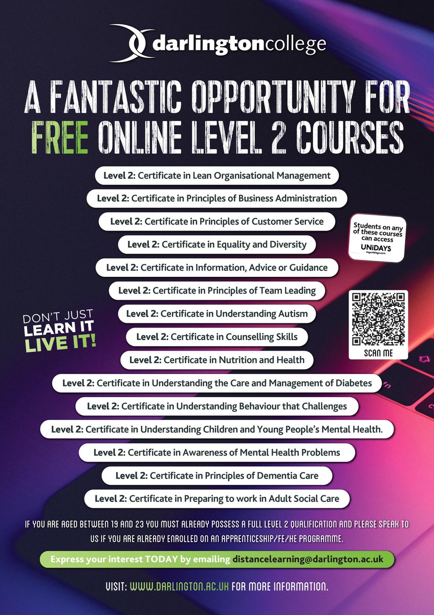 Darlington College offer a range of FREE distance learning courses enabling you to learn from home, boost your CV and enhance your knowledge. 

Go the distance and apply today: darlington.ac.uk/courses/distan…