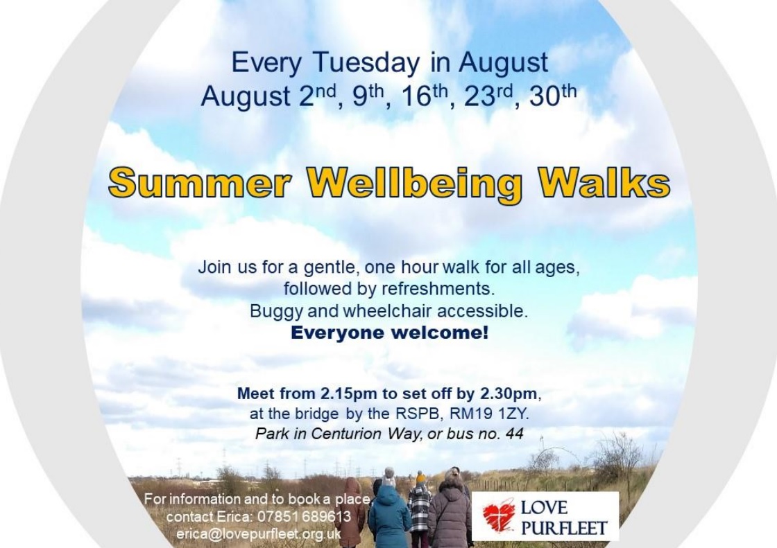 Come along for a summer wellbeing walk in Purfleet this August! ☀️ 🌳 
For more information and to book a place contact Erica on 07851689613 or email erica@lovepurfleet.org.uk