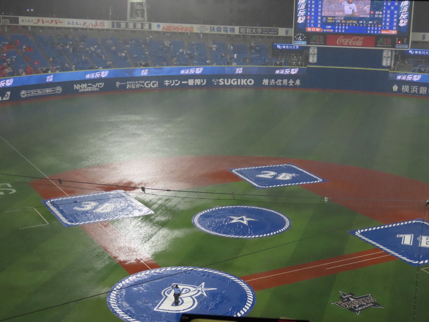 ニッポン放送ショウアップナイター 公式 Dena 広島 横浜スタジアムは強い雨 の為 18時53分から19時28分まで35分間の中断の末 雨天中止となりました 降雨の為4回裏ノーゲームです グラウンドには 水が浮かんで湖の様になっています
